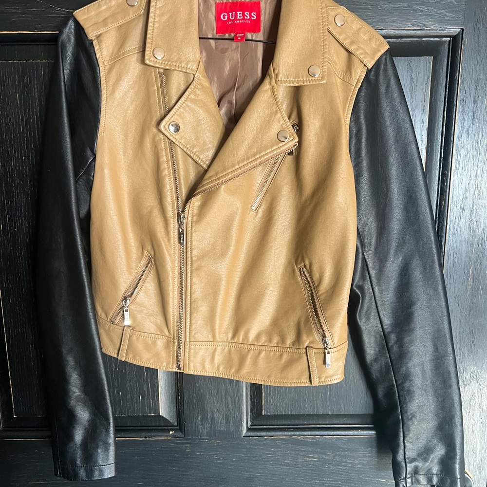 GUESS Tan and Black Leather Jacket for Women